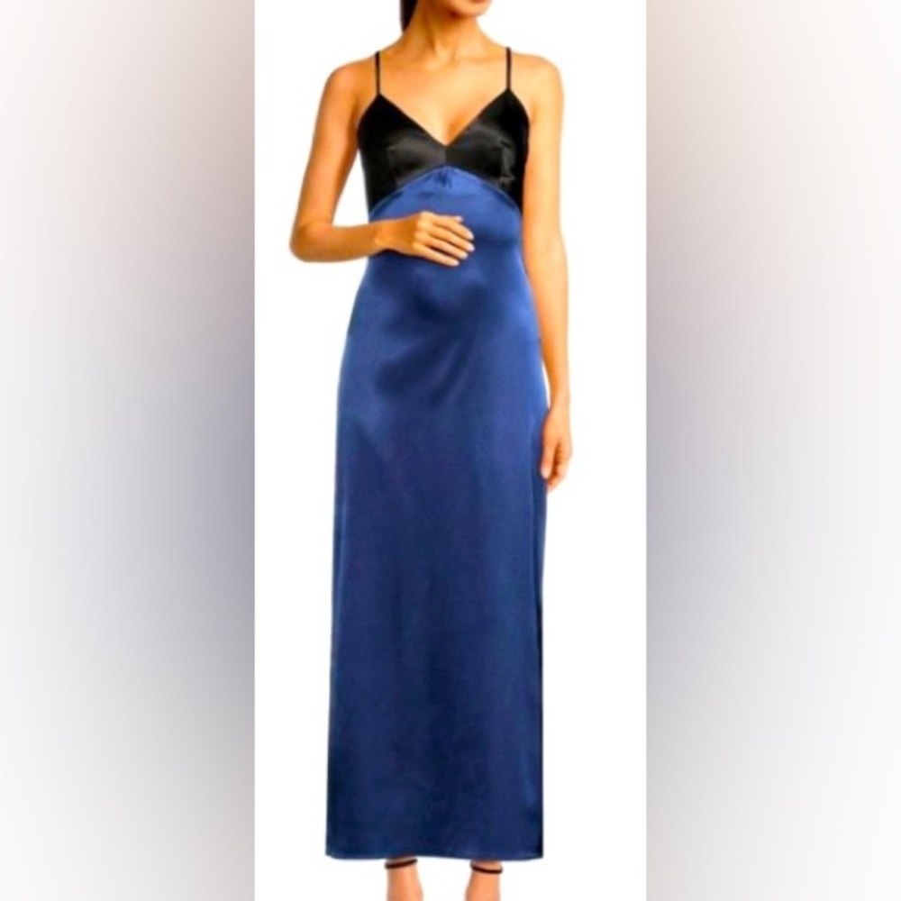 THE FASHION POET Color block Side Slit Slip Dress BLACK /NAVY, Size L